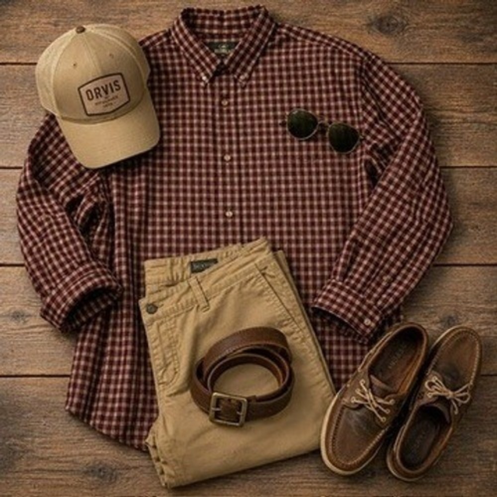 RedHead Men's XL Long Sleeve, Plaid, Button Down‎ Shirt, Burgundy & Tan Check